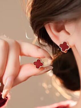 Gold and Red Clover Stud Earrings